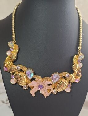 Disney Princess Necklace Themed with Pink Floral Accents and Iridescent Crystals
